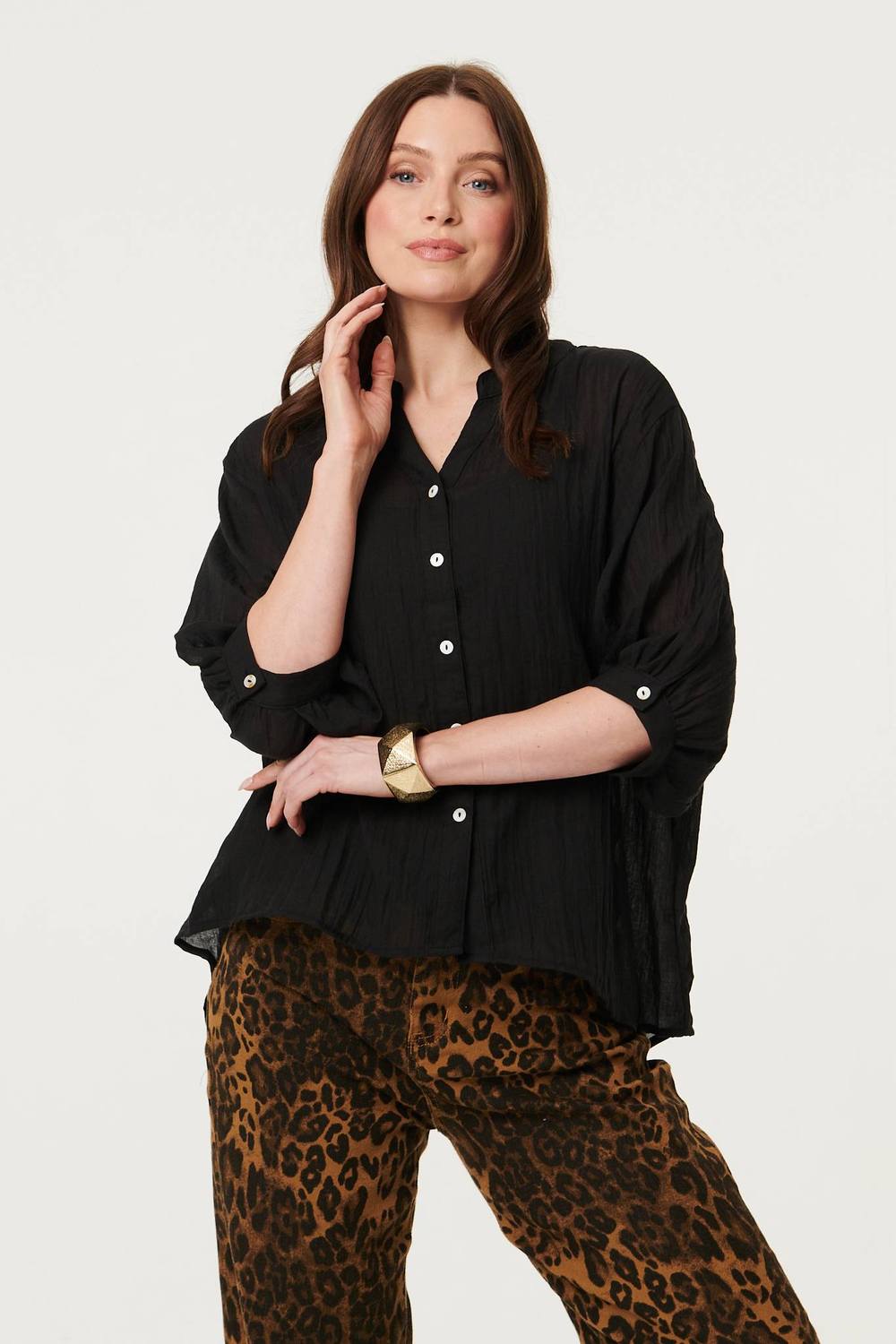 Izabel London Collarless Button Back Sleeve Blouse In Black