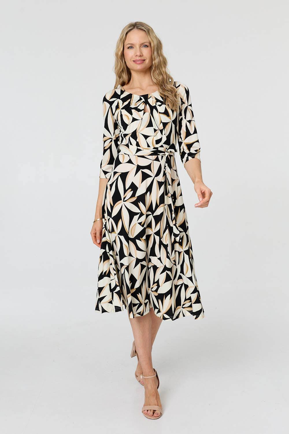 Izabel London Leaf Print Sleeve Midi Tie Dress In Black