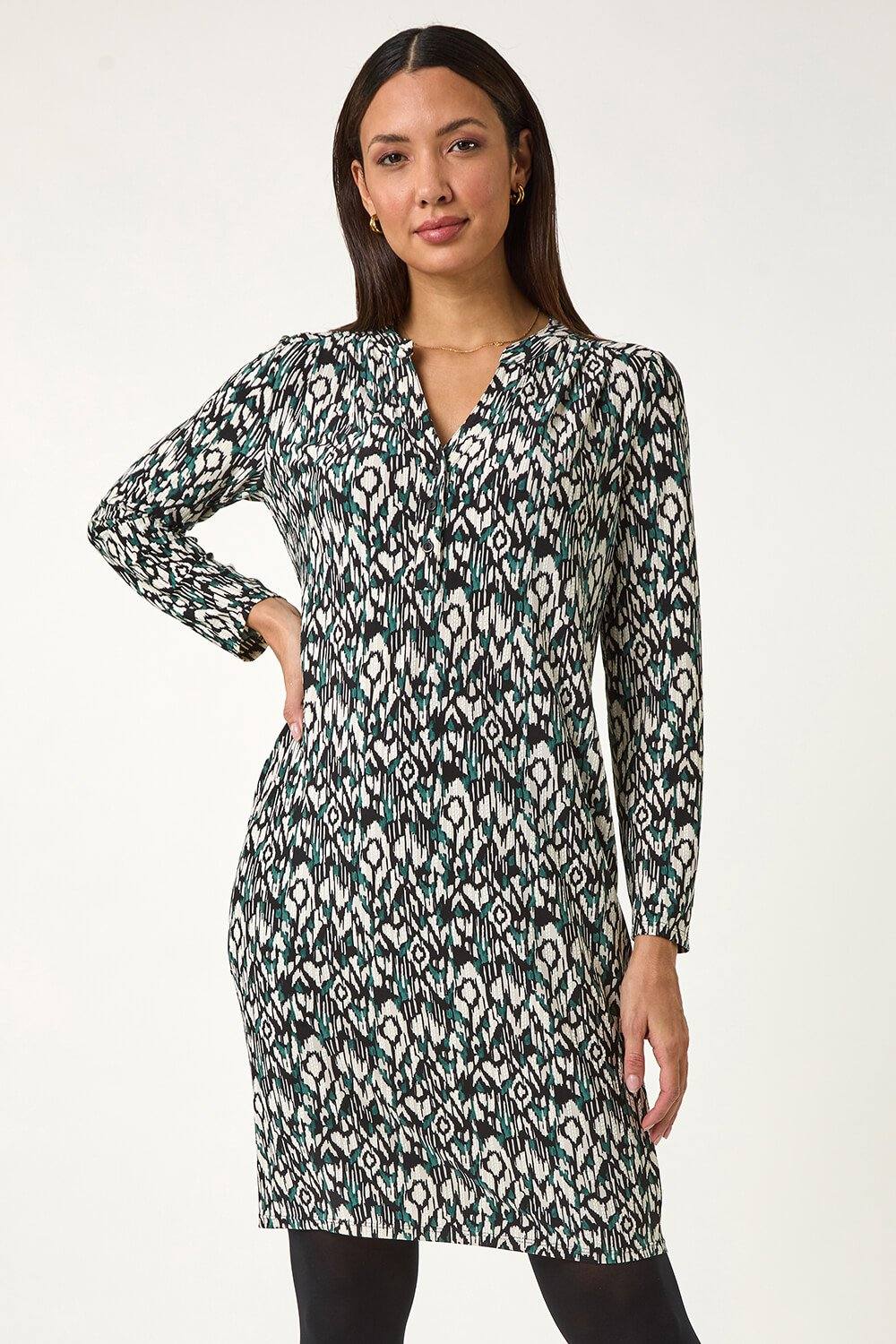 Roman Aztec Print V-Neck Shift Stretch Dress In Teal