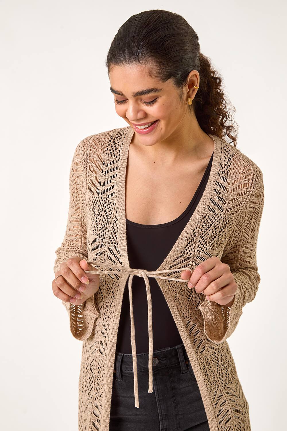 Roman Longline Tie Cotton Blend Knit Cardigan In Natural