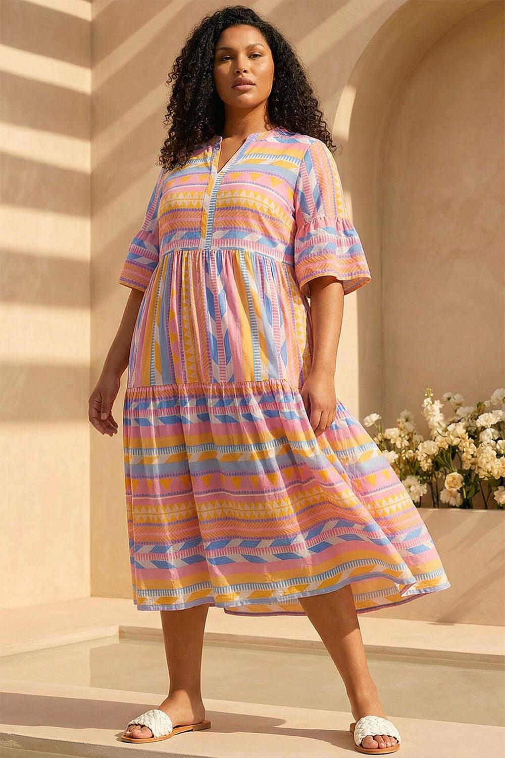 Roman Curve Stripe Print Boho Tiered Dress In Yellow