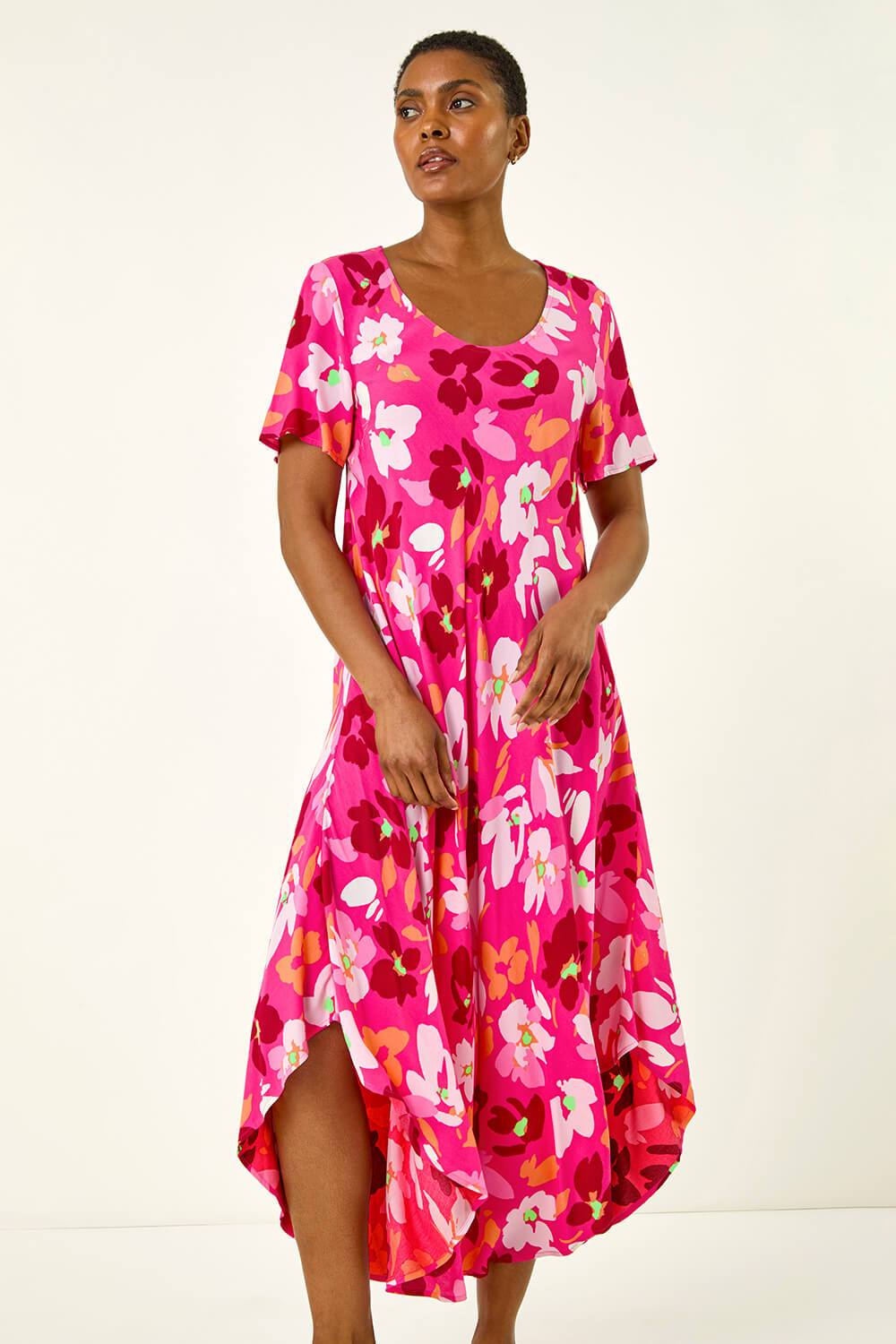 Roman Floral Print Asymmetric Hem Shirt Dress In Pink