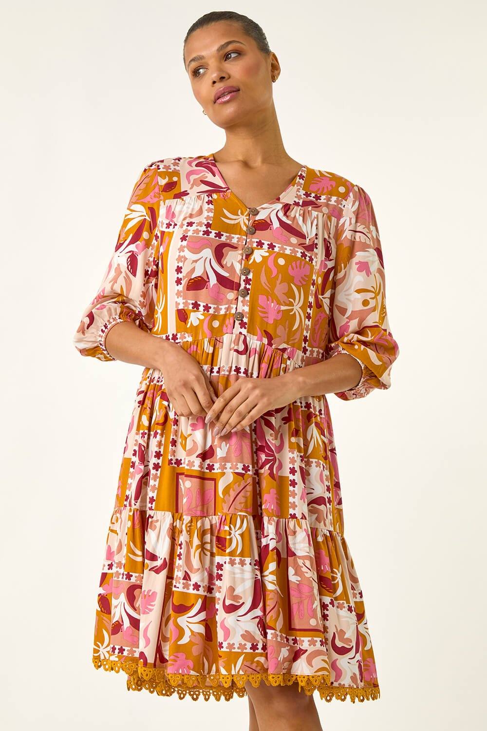 Roman Patchwork Smock V-Neck Dress In Amber