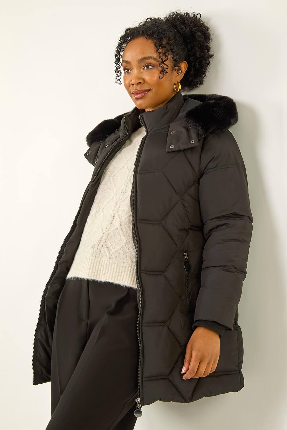 Roman Petite Hooded Quilted Puffer Coat In Black