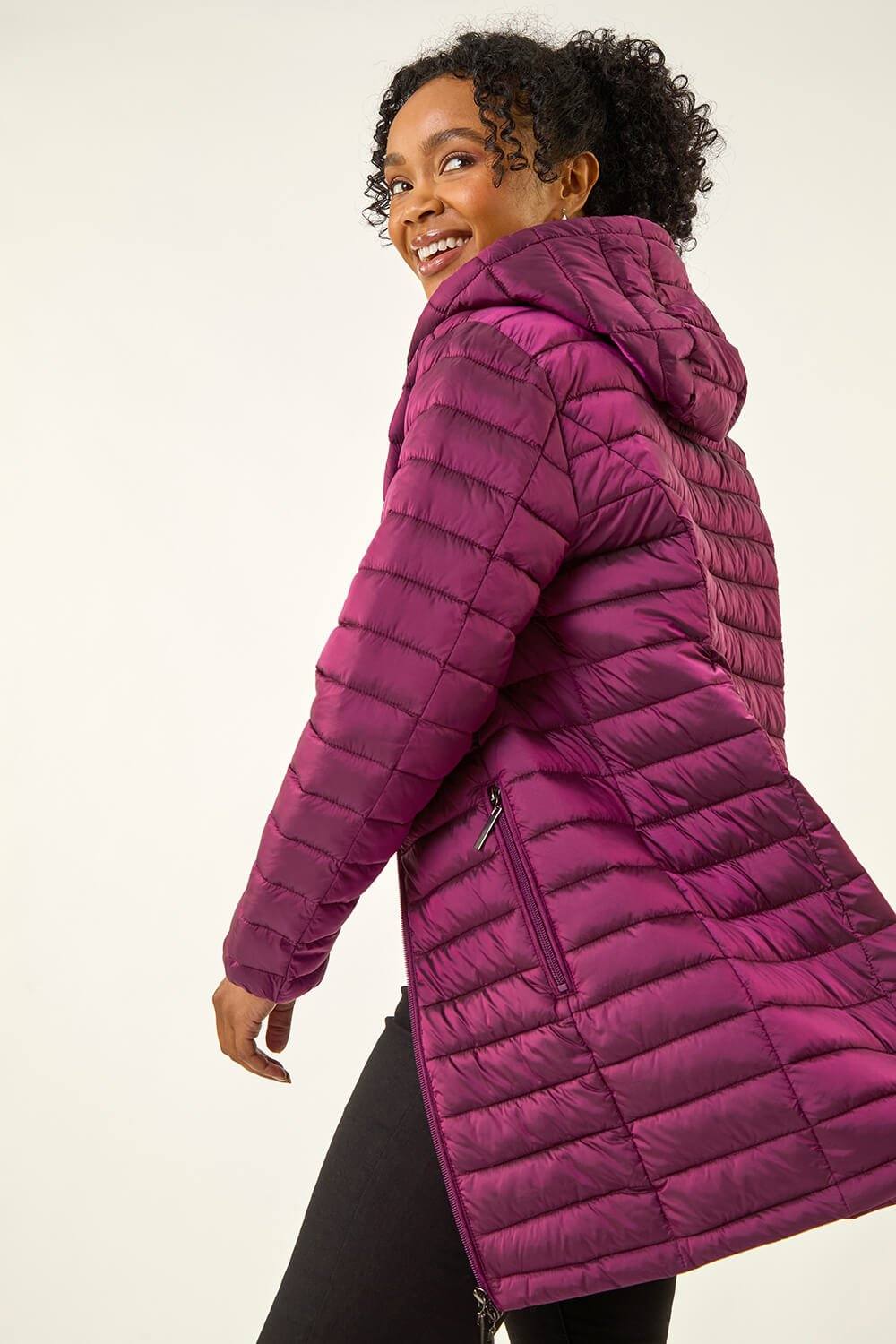 Roman Petite Metallic Finish Quilted Puffer Coat In Magenta