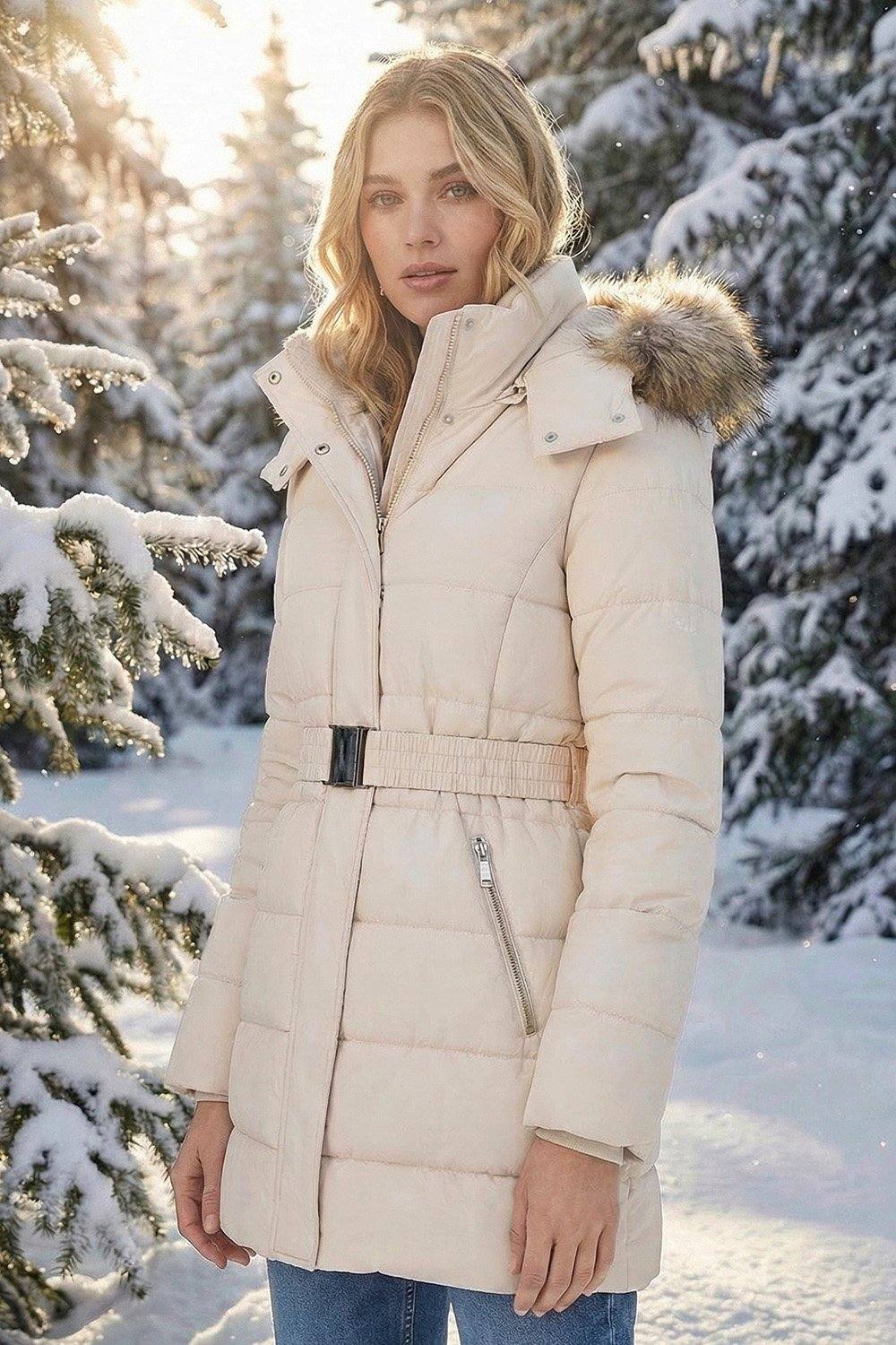 Roman Faux Fur Padded Belt Coat In Cream