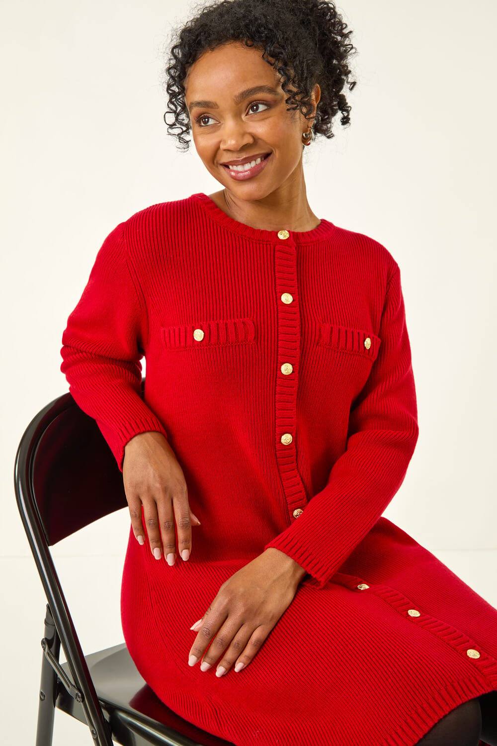 Roman Petite Button Detail Knit Dress In Red