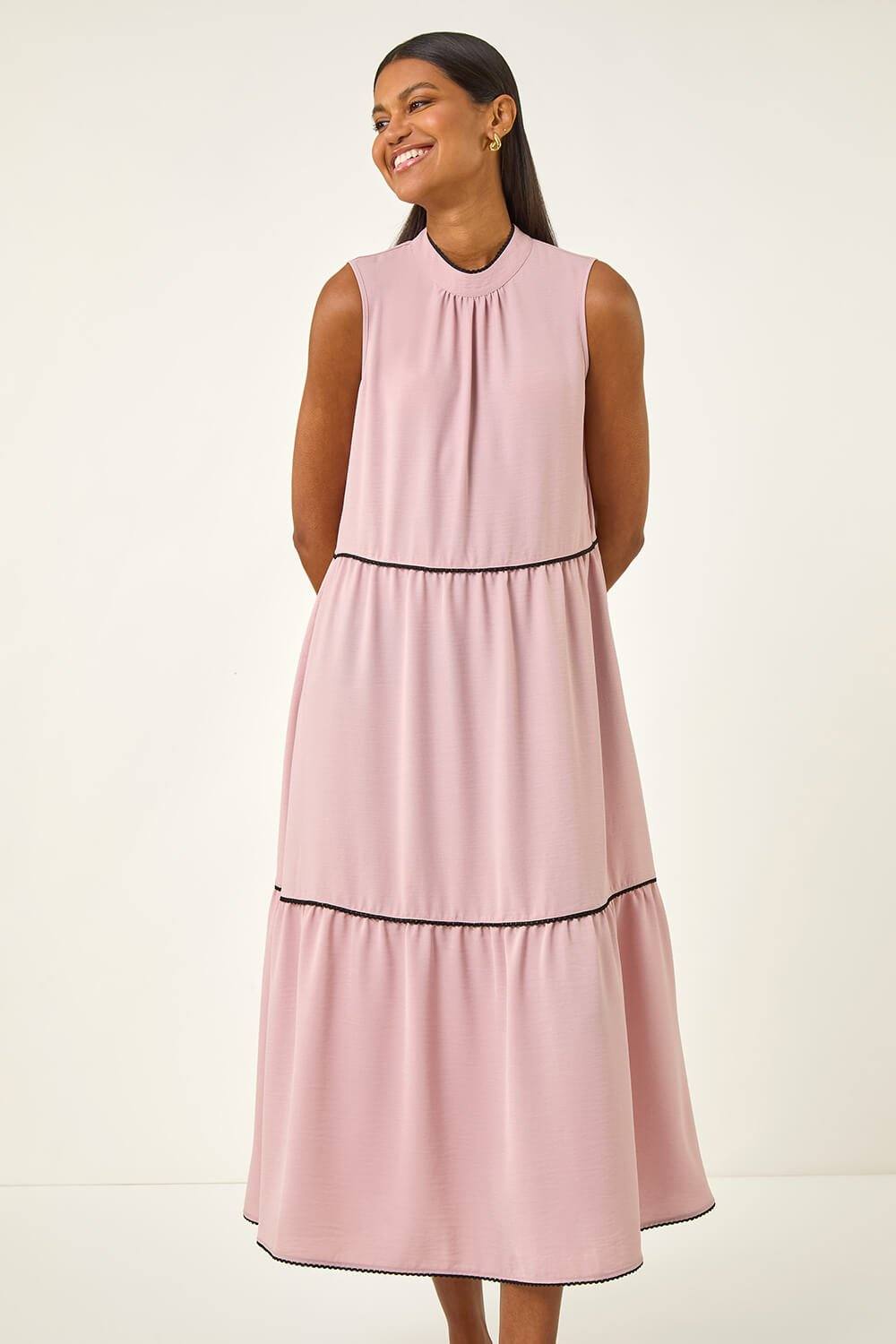 Roman Tiered Swing Midi Dress In Light Pink