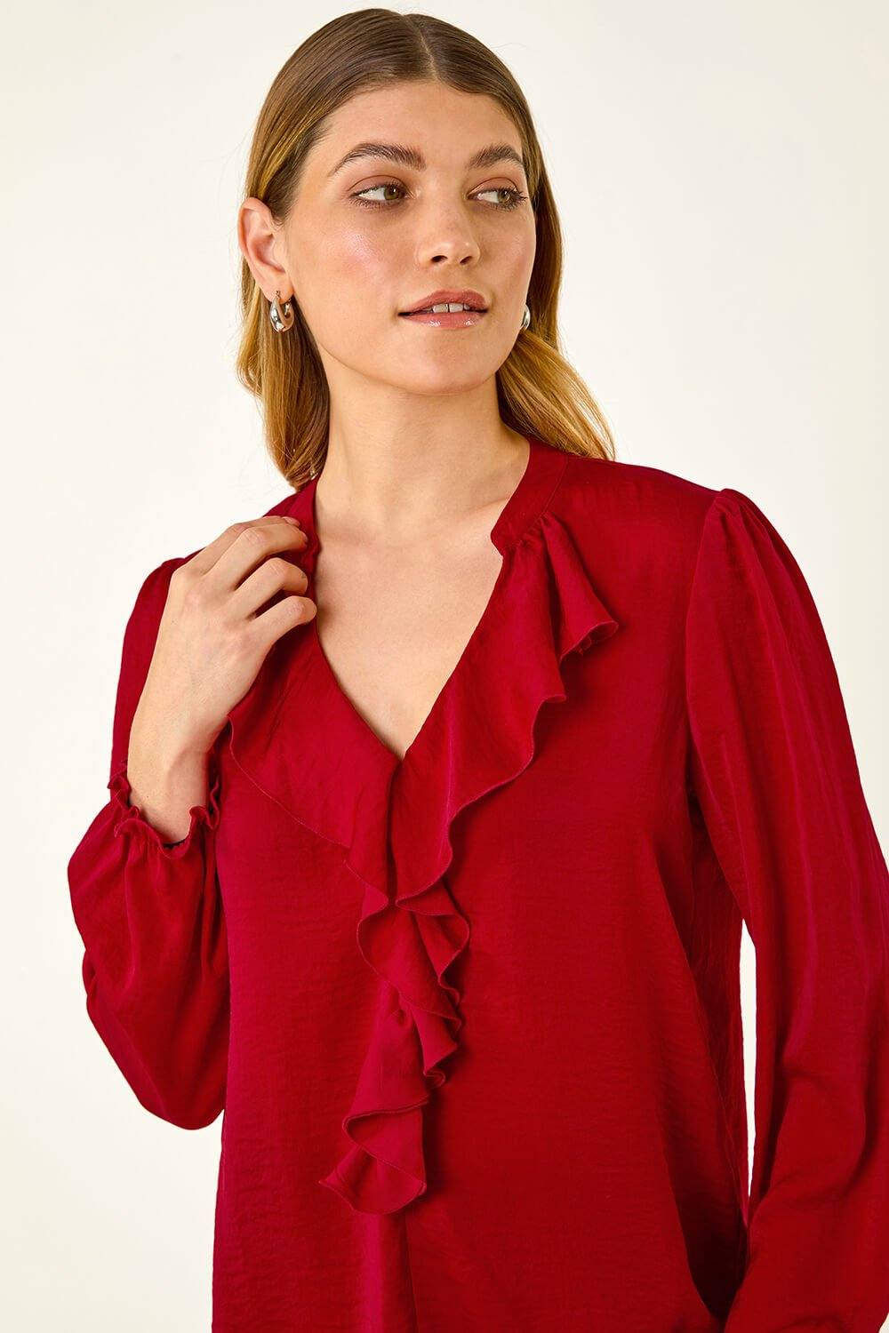 Roman Satin Ruffle Neck Blouse In Red