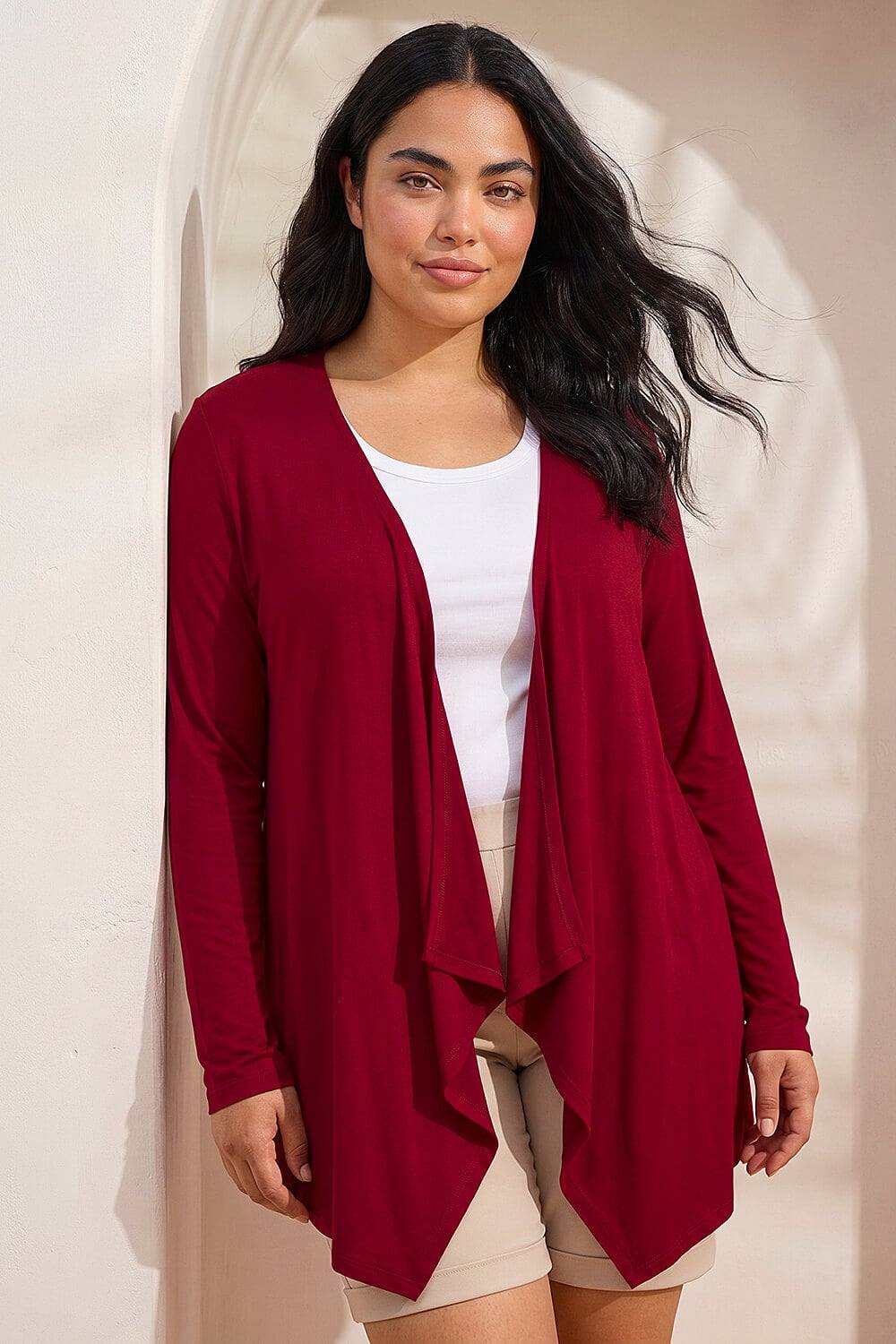 Roman Curve Waterfall Front Jersey Cardigan In Burgundy