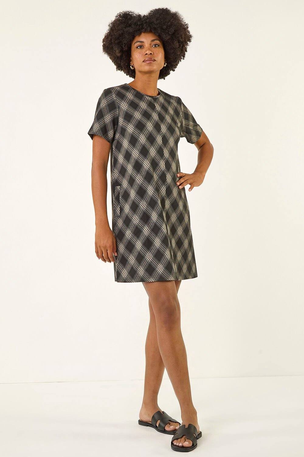 Roman Check Print Shirt Stretch Dress In Grey