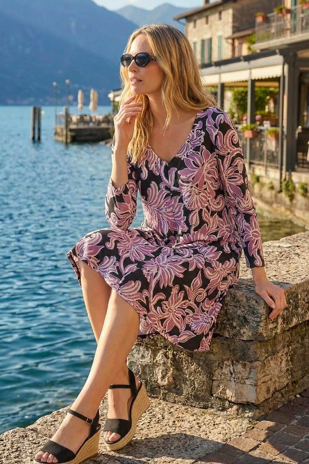 Roman Petite V-Neck Swing Dress In Pink