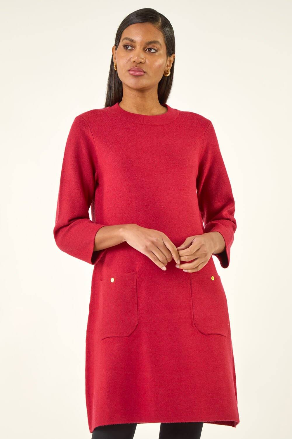 Roman Patch Pocket Knit Dress In Red