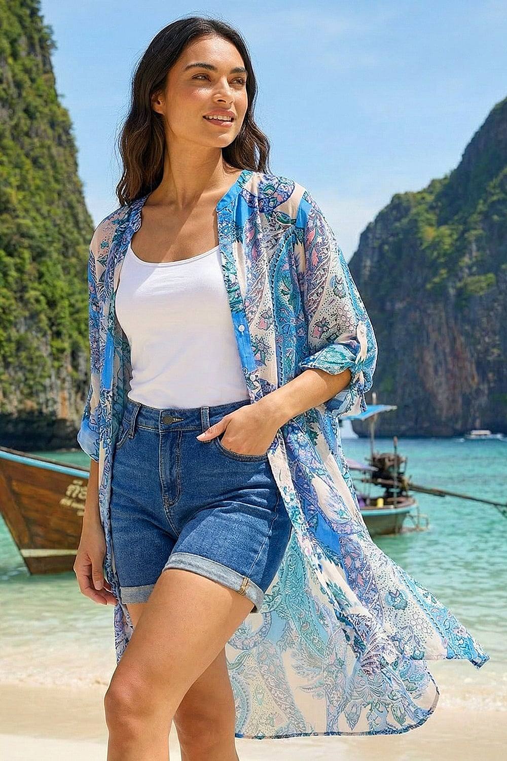 Roman Paisley Print Longline Blouse In Blue