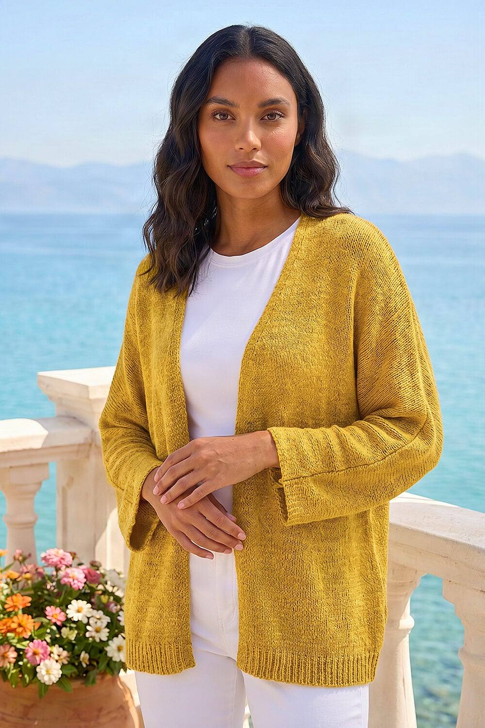 Roman Textured Knit Cardigan In Yellow
