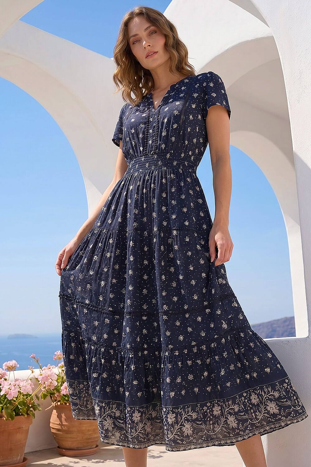 Roman Petite Border Print V-Neck Dress In Navy