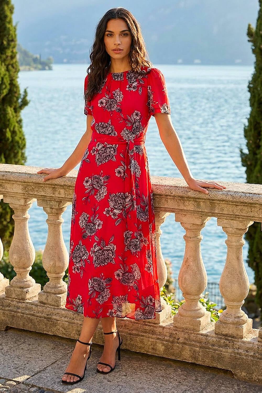 Roman Floral Print Pleat Neck Midi Dress In Red
