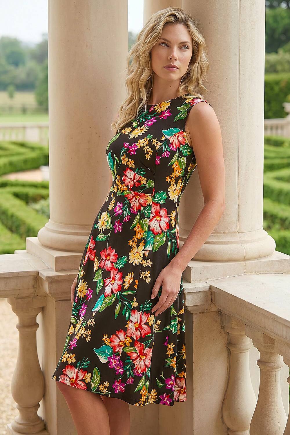 Roman Floral Print Gathered Stretch Midi Dress In Black