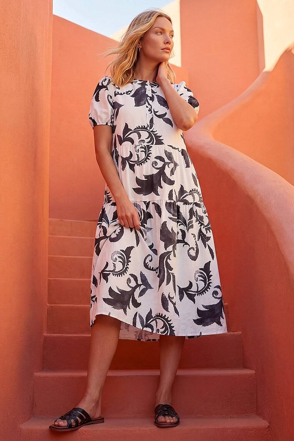 Roman Leaf Print Button Shirt Midi Dress In Navy