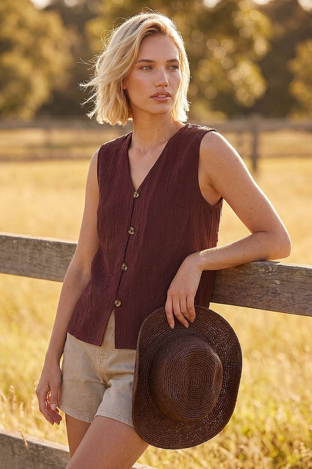 Roman Crinkle Button Up Front Blouse In Chocolate