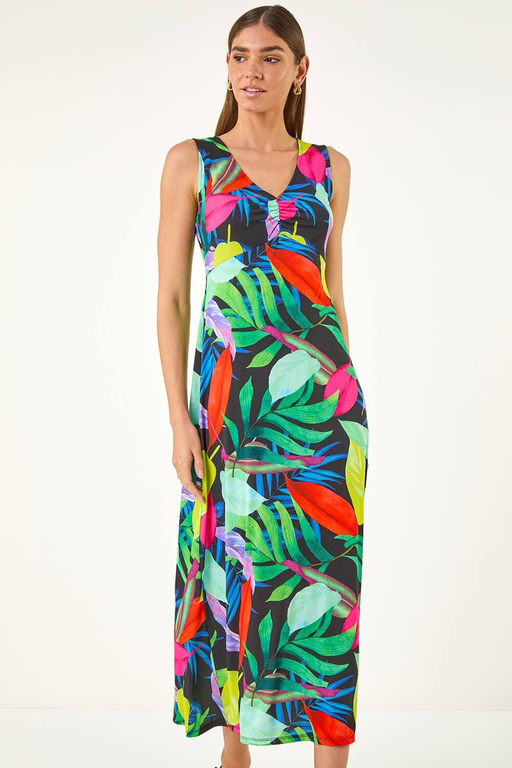Roman Leaf Print V-Neck Midi Dress In Green