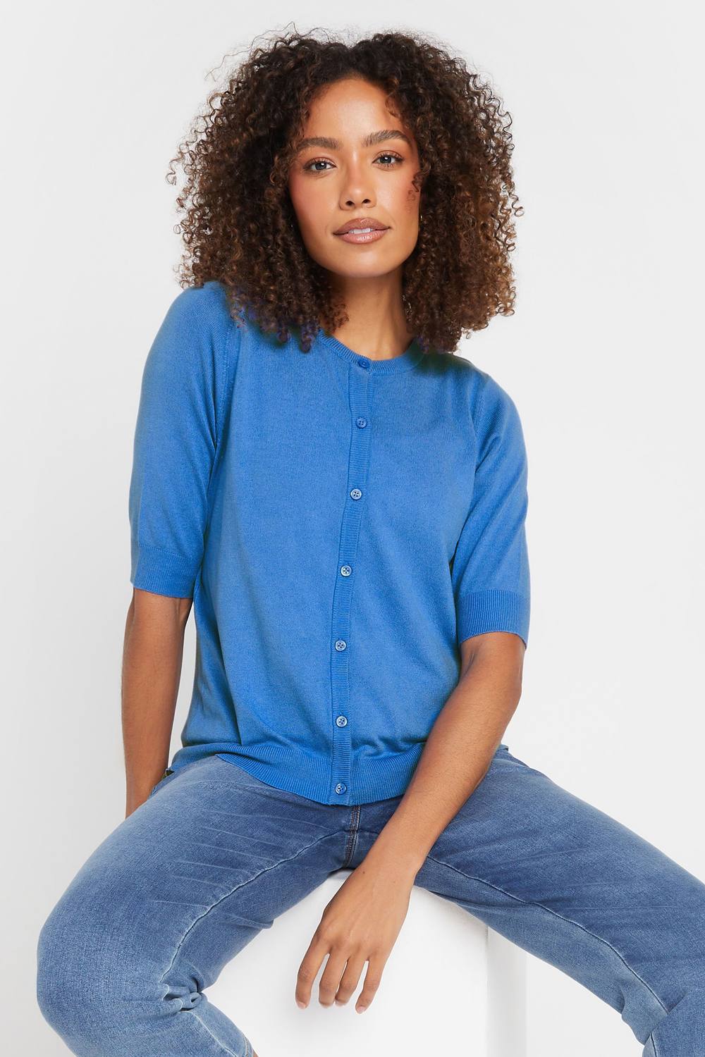 M&co Button Through Short Sleeve Cardigan In Blue