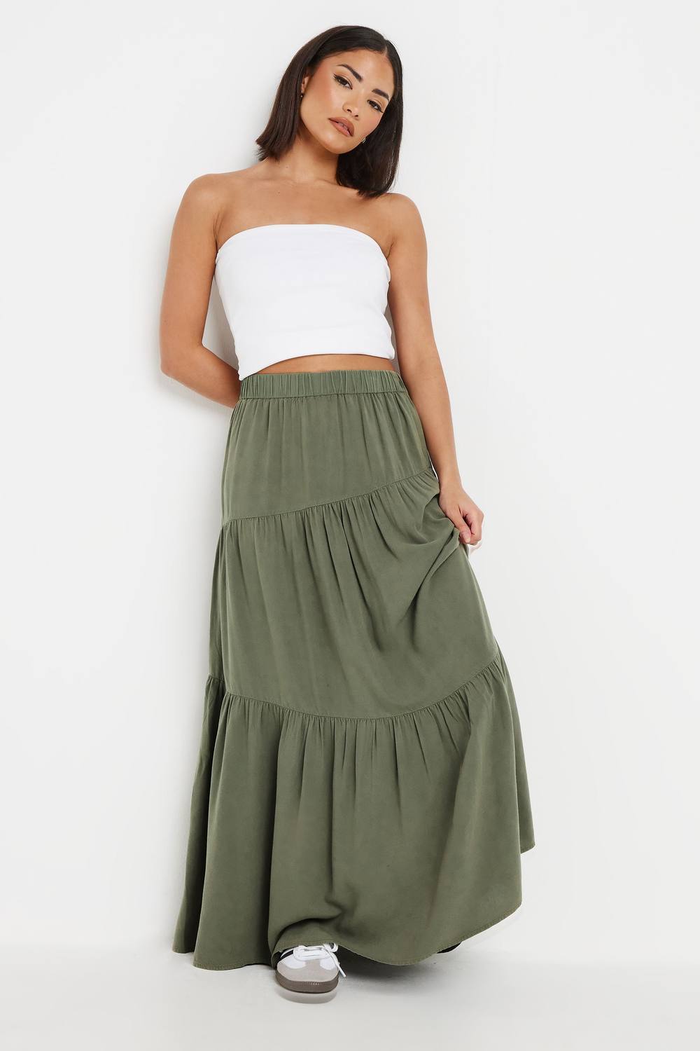 Pixiegirl Petite Asymmetric Tiered Maxi Skirt In Light Khaki