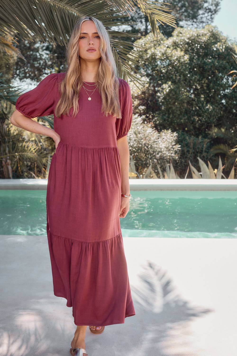 Long Tall Sally Tall Smock Denim Maxi Dress In Dark Red