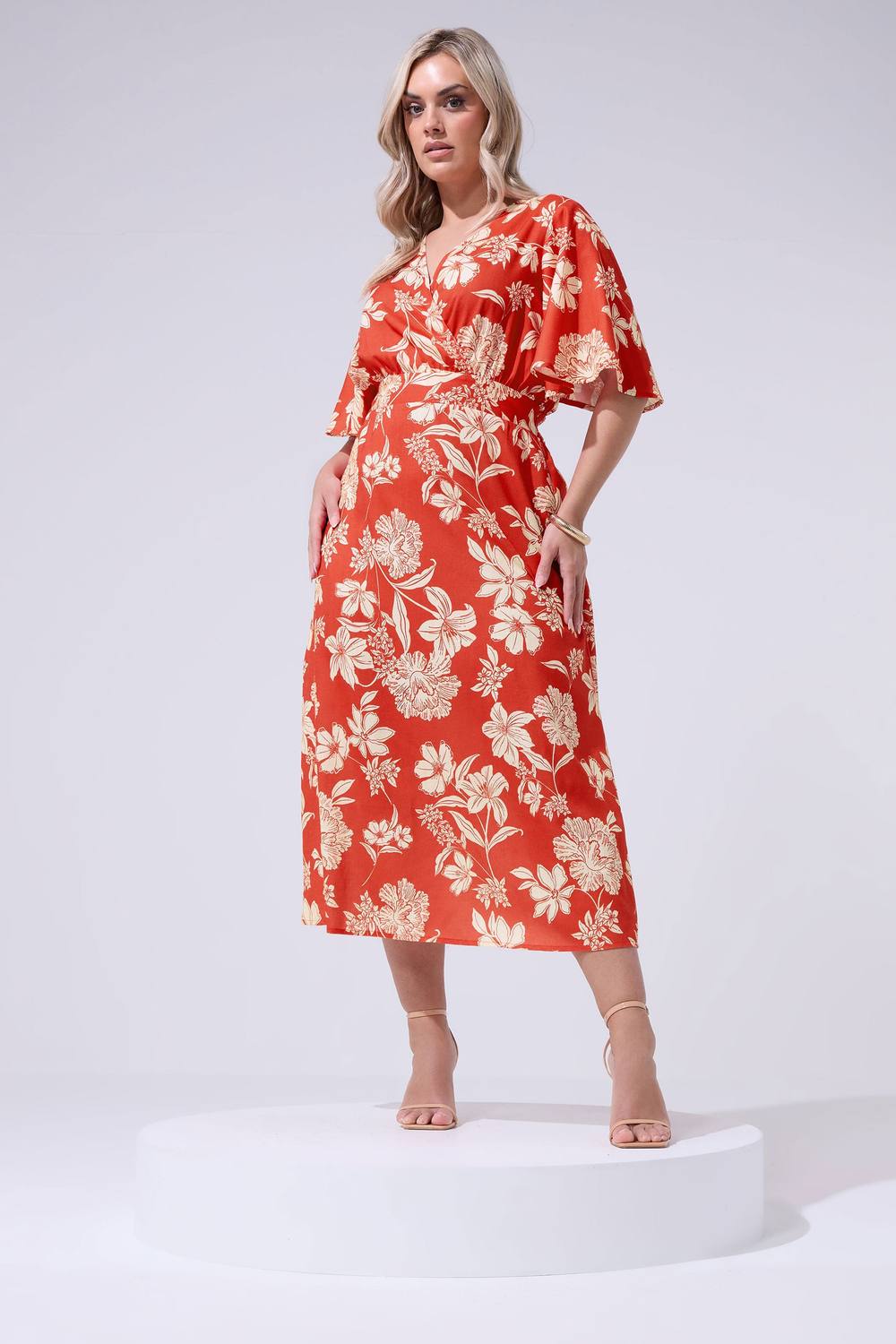 Yours Floral Linen Look Wrap Dress In Red
