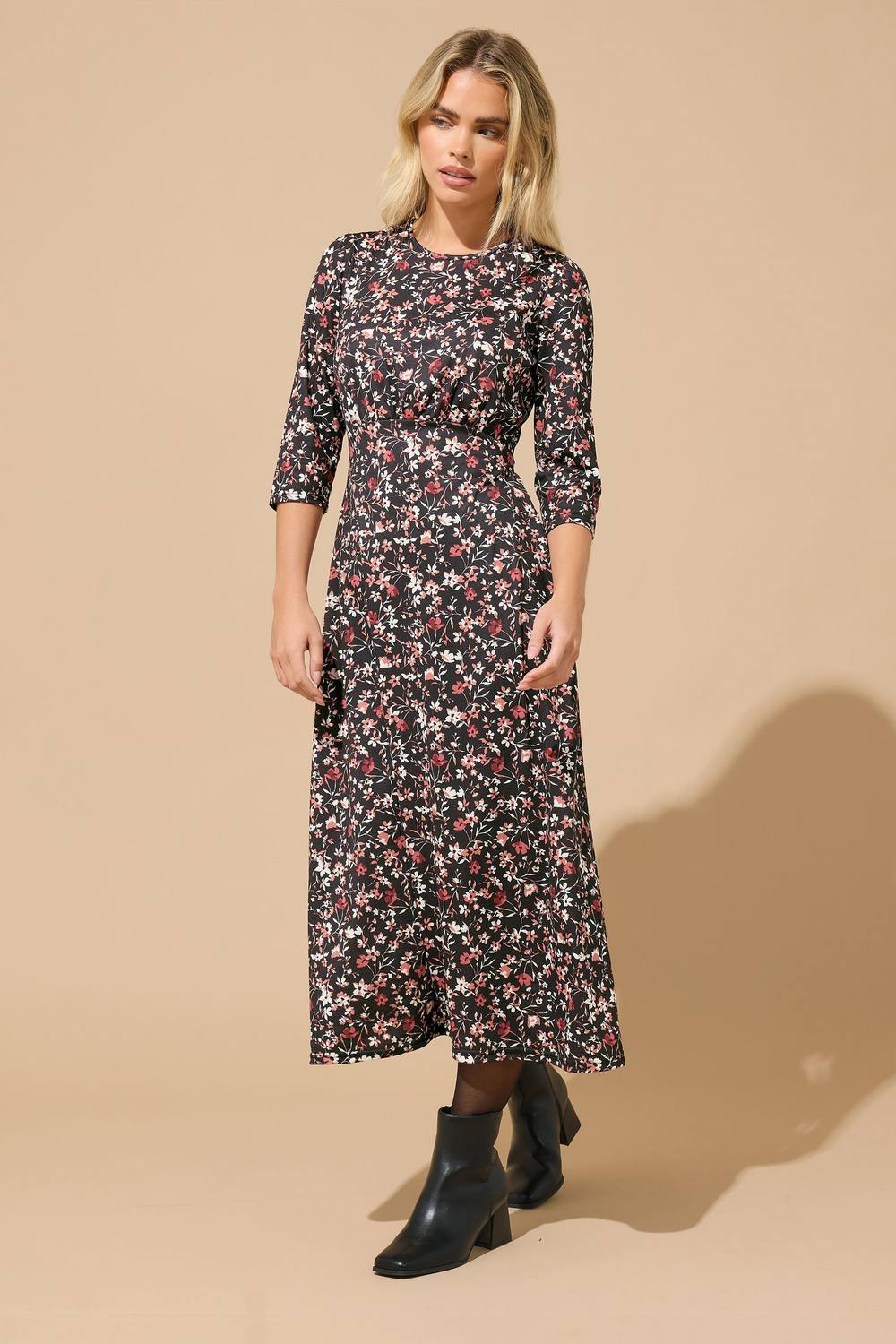 M&co Petite Floral Midi Dress In Black