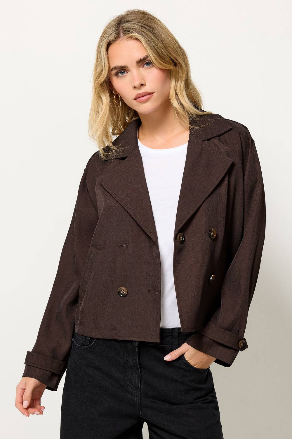 Pixiegirl Petite Cropped Trench Duster Coat In Chocolate