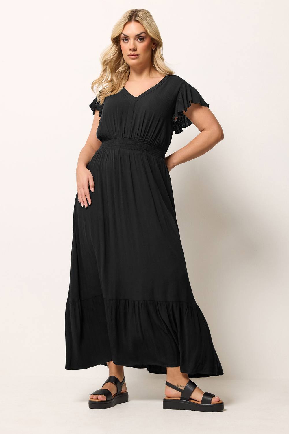 Yours Shirred Crinkle Maxi Dress In Black