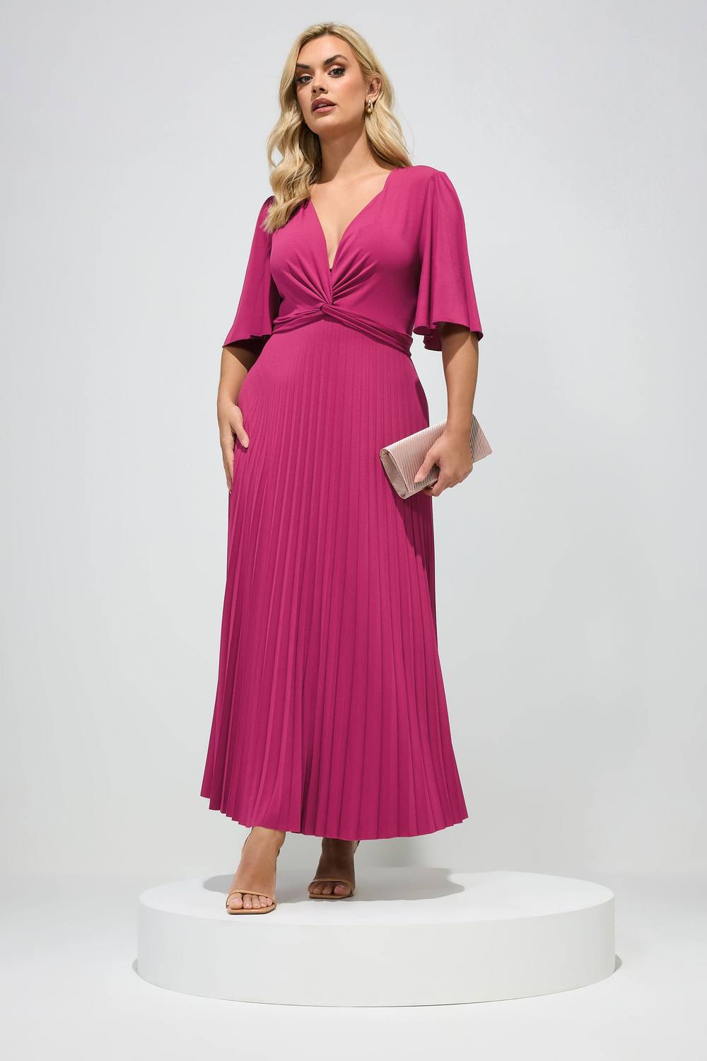 Yours Knot Pleated Maxi Dress In Dark Pink