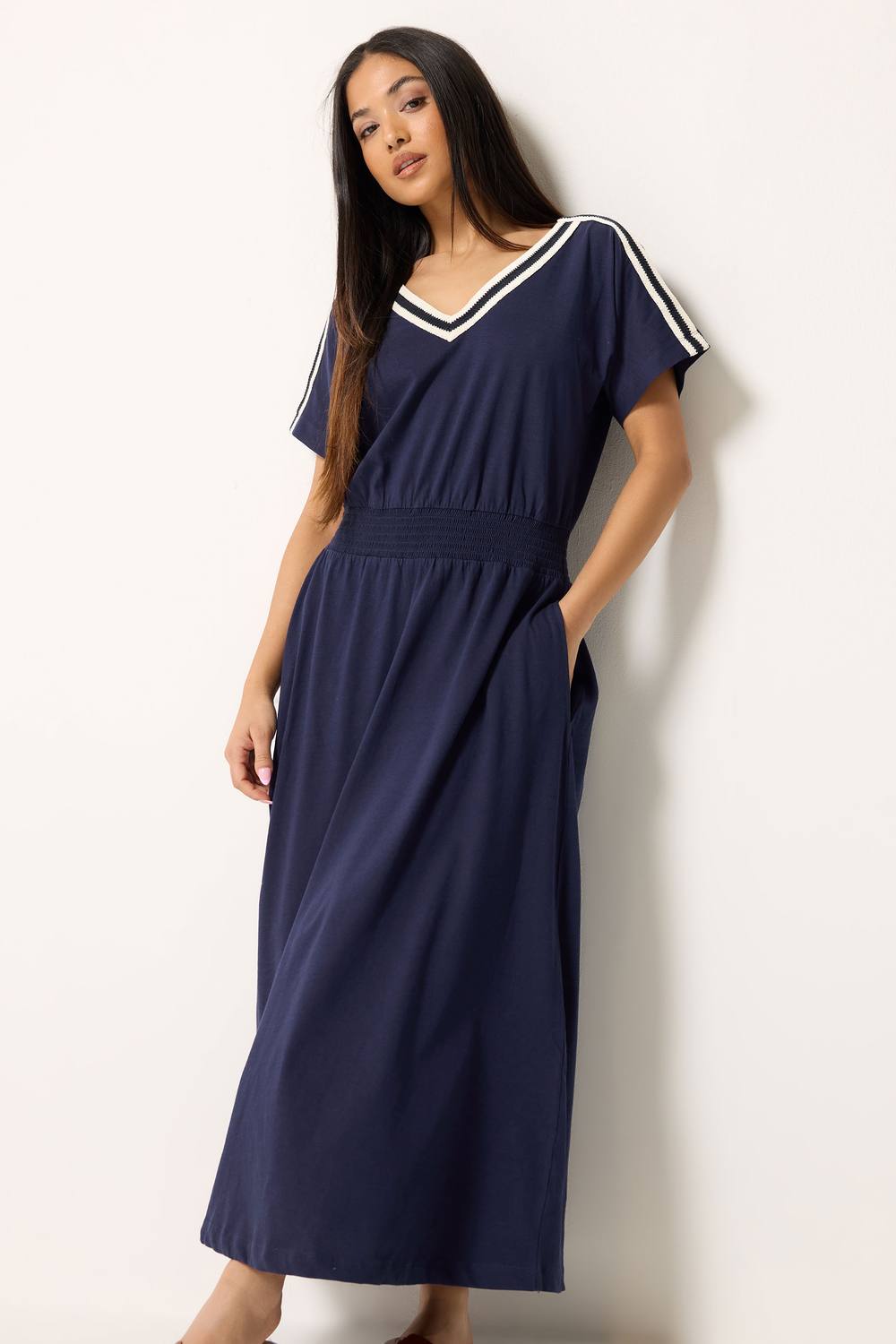 M&co Petite Trim Detail Cotton Midi Dress In Dark Navy
