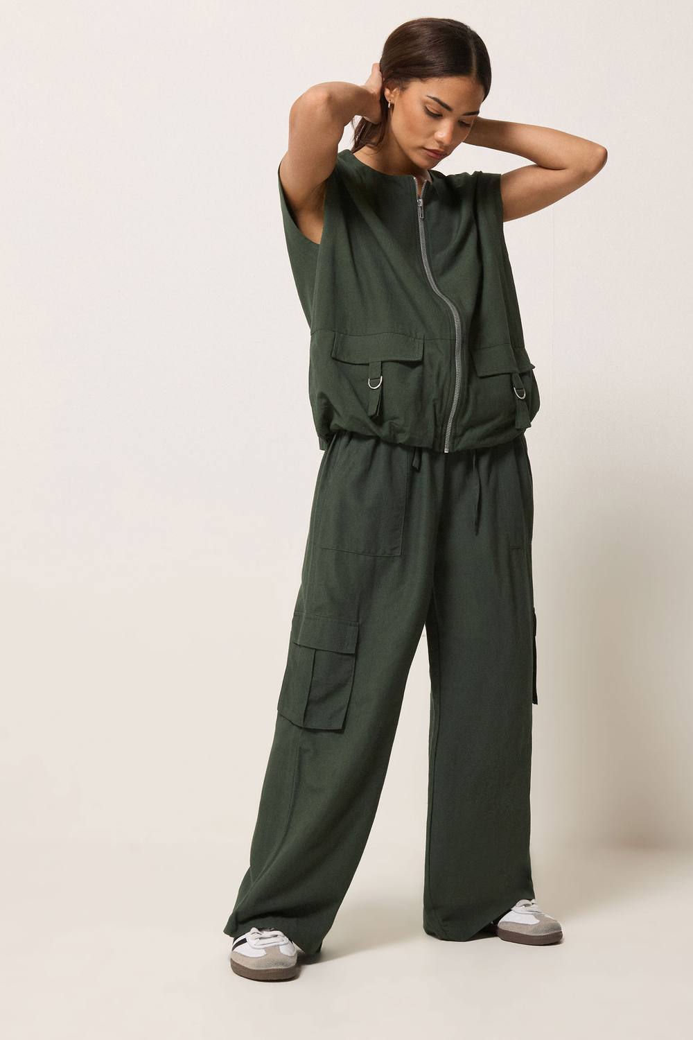 Pixiegirl Petite Cargo Gilet & Wide Leg Trousers Set In Dark Green