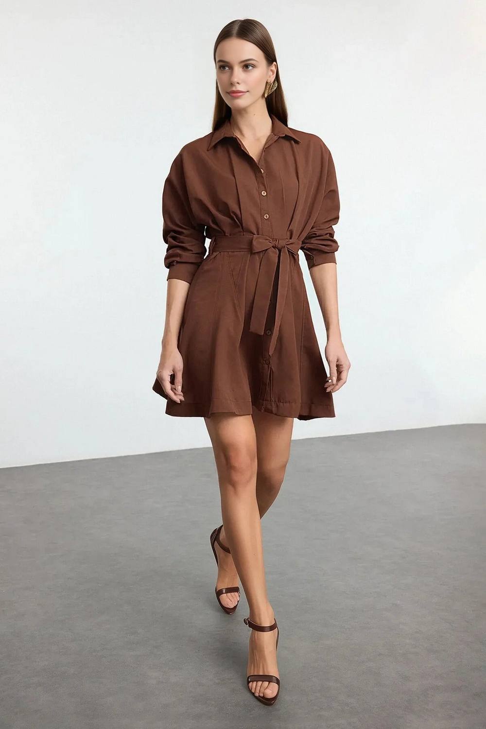 Wovcor Ribbed Knit High Neck Long Sleeve Bodycon Maxi Dress In Brown