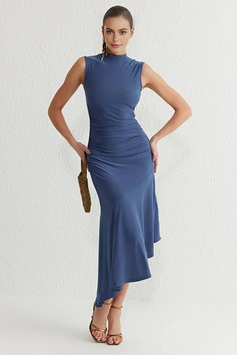 Wovcor High Neck Sleeveless Ruched Waist Asymmetric Hem Dress In Indigo