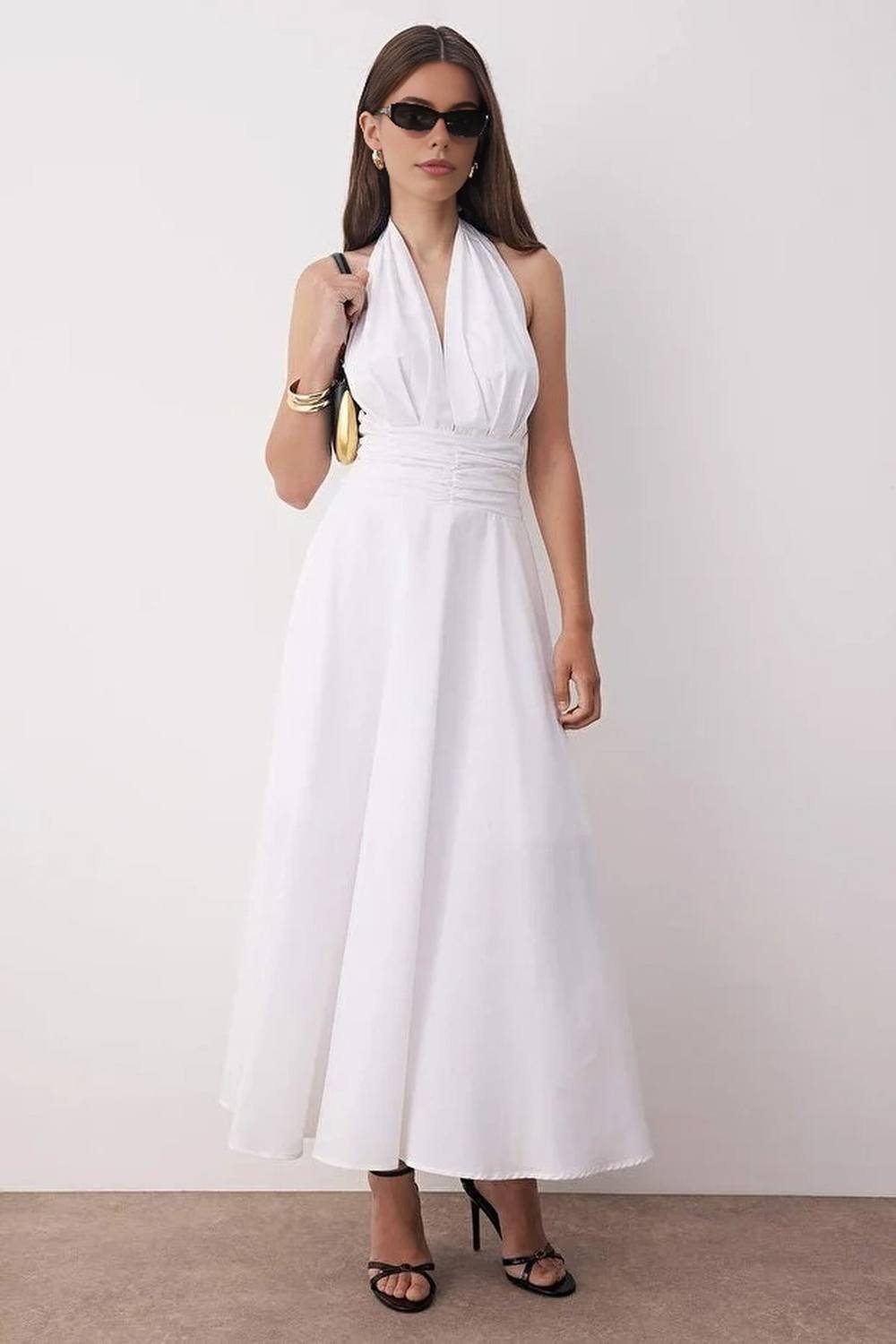 Wovcor Halter Neck Ruched Waist Midi Dress In White