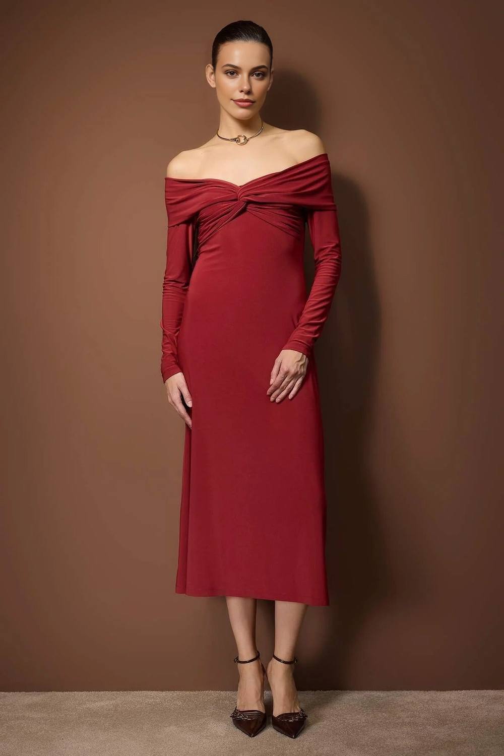 Wovcor Off The Shoulder Long Sleeve A-Line Stretch Knit Midi Dress In Wine