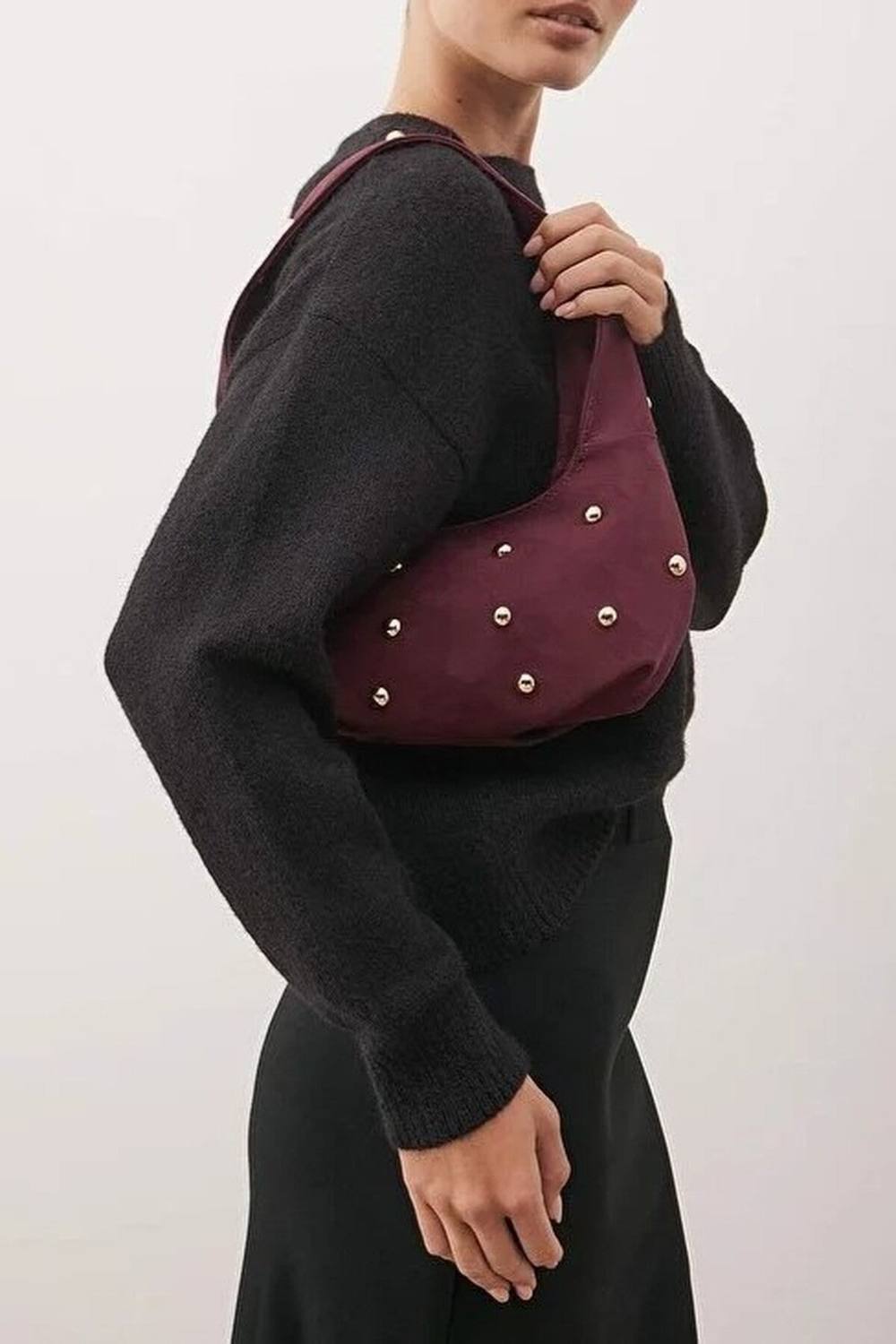 Wovcor Studded Suede Hobo Shoulder Bag In Burgundy