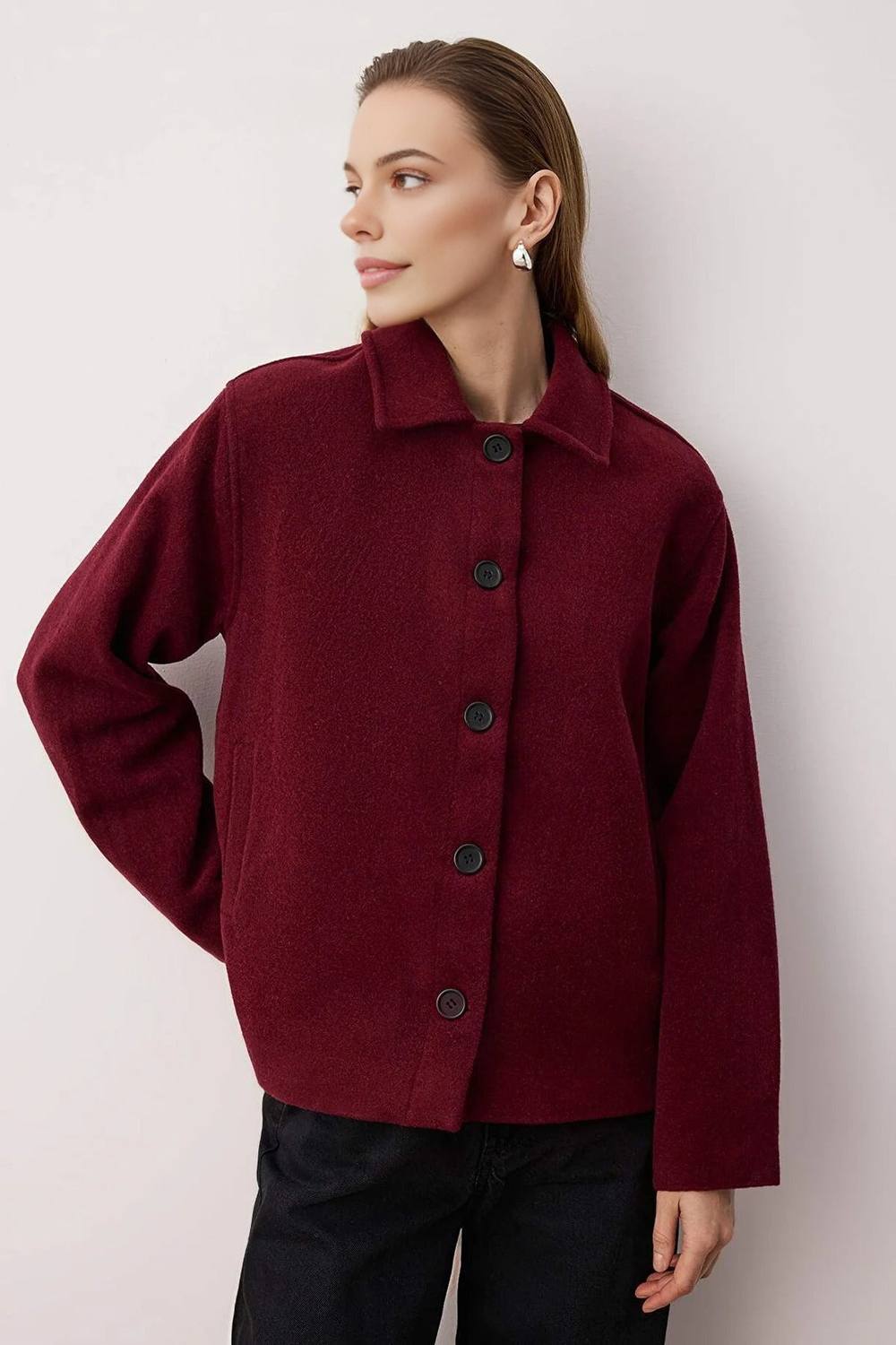 Wovcor Plain Button Up Collared Wool Blend Cropped Coat In Burgundy