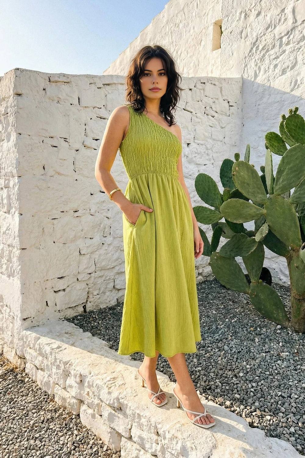 Wovcor One Shoulder Textured Gathered Waist Midi Dress In Light Green