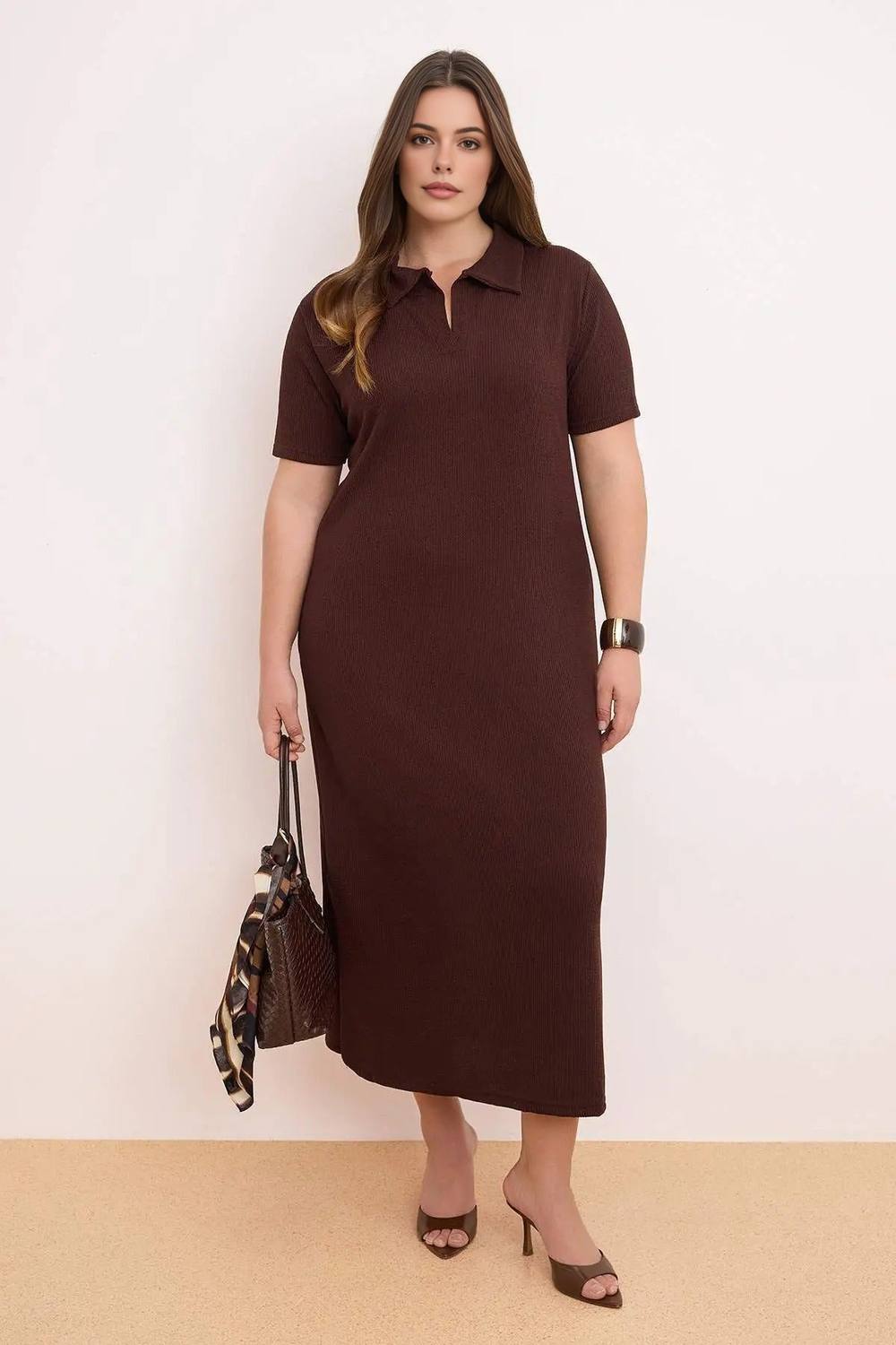 Wovcor Polo Collar Ribbed Knit Maxi Shirt Dress In Brown
