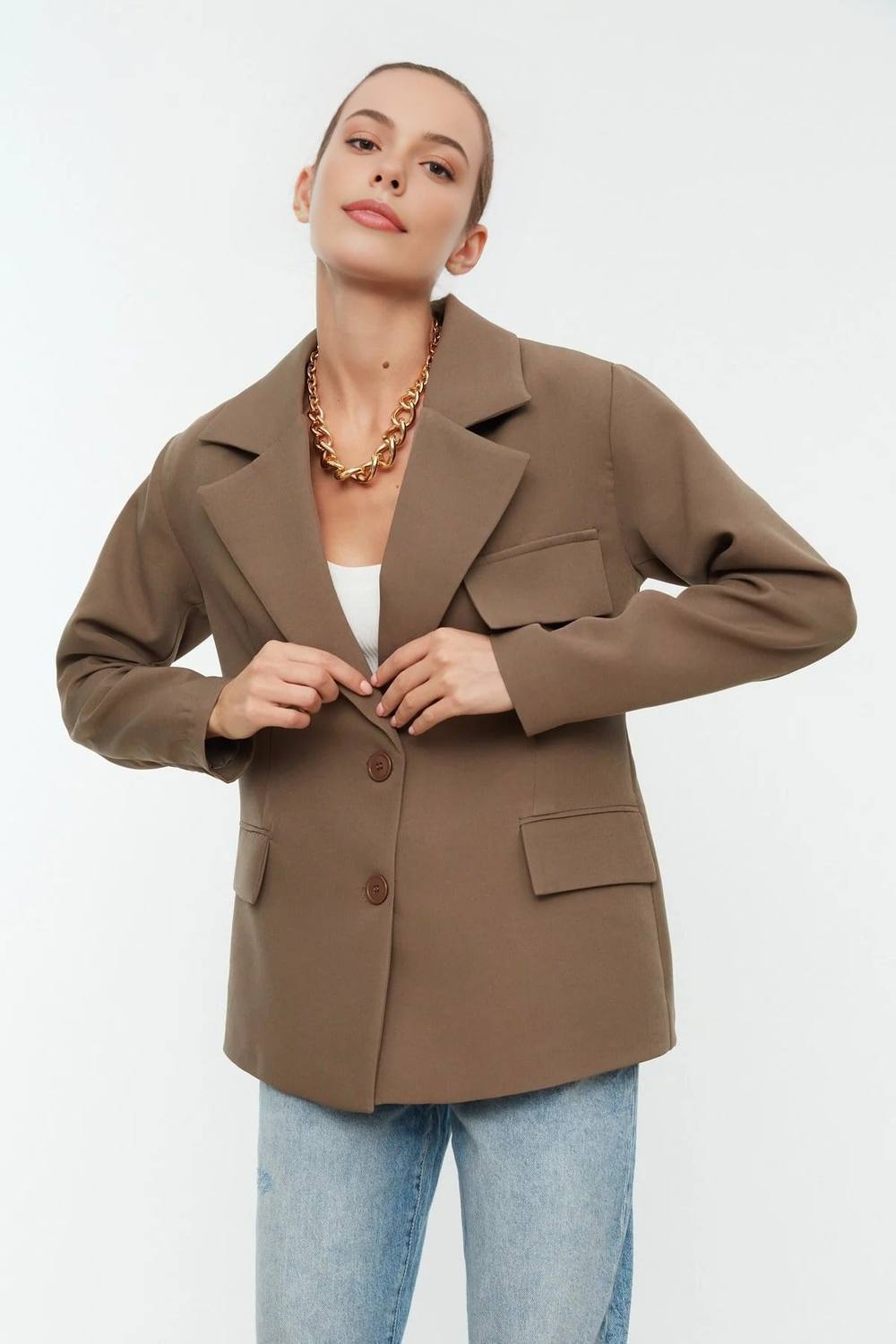 Wovcor Oversized Tailored Lined Woven Blazer Jacket In Taupe