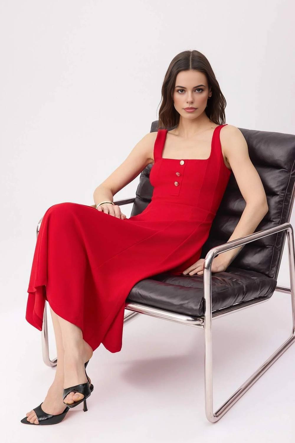 Wovcor Square Neck Button Detail Sleeveless Midi Dress With A-Line Fit In Red