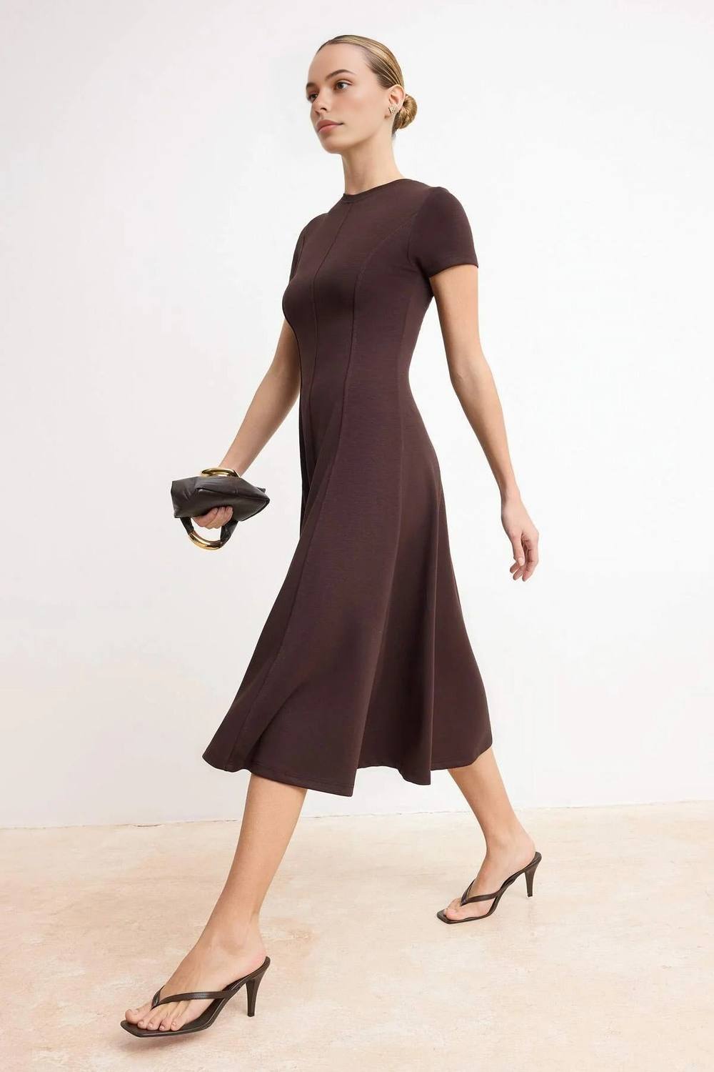 Wovcor Crew Neck Skater Midi Knit Dress With Soft Touch Finish In Brown