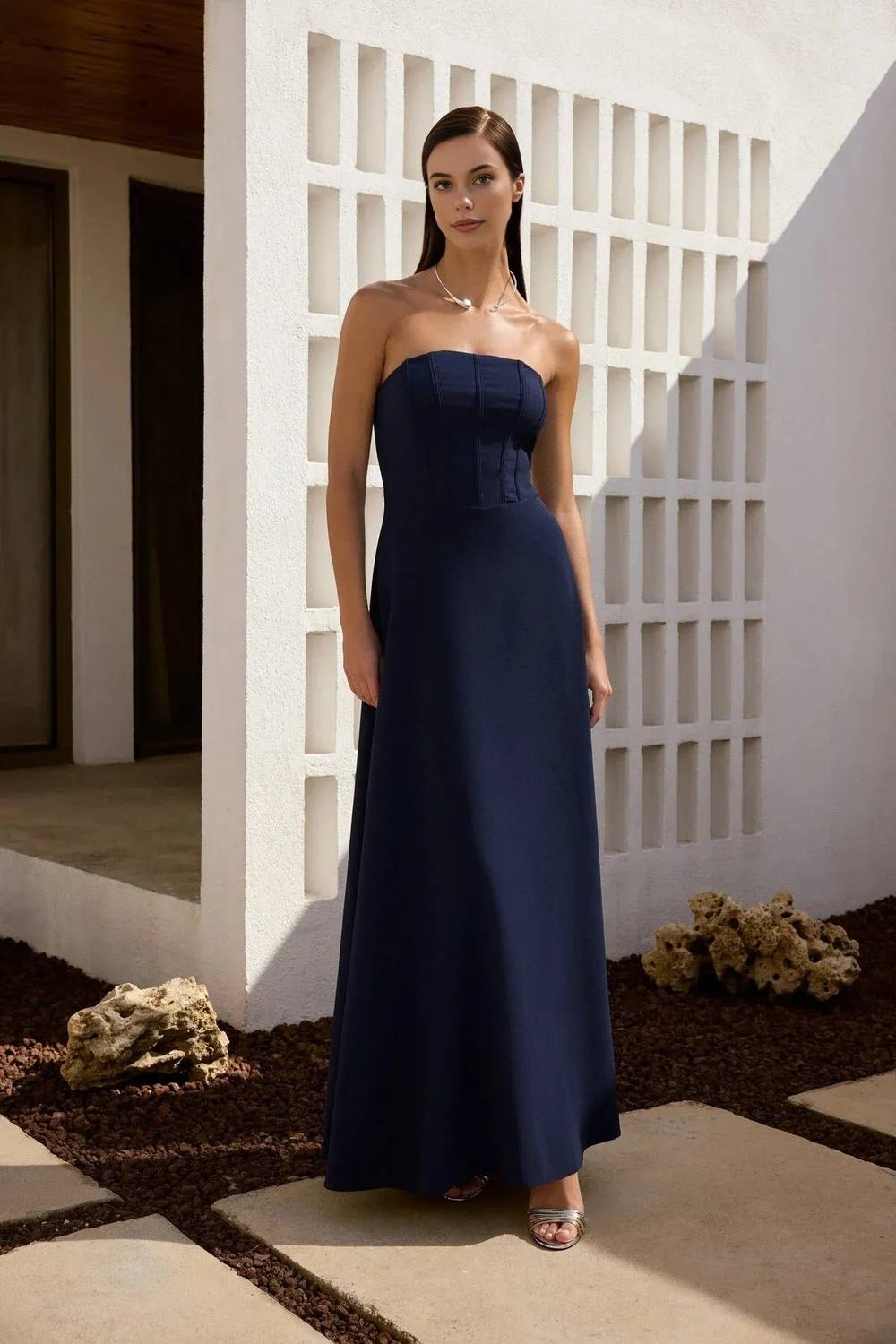 Wovcor Strapless Corset Detail Maxi Dress In Navy
