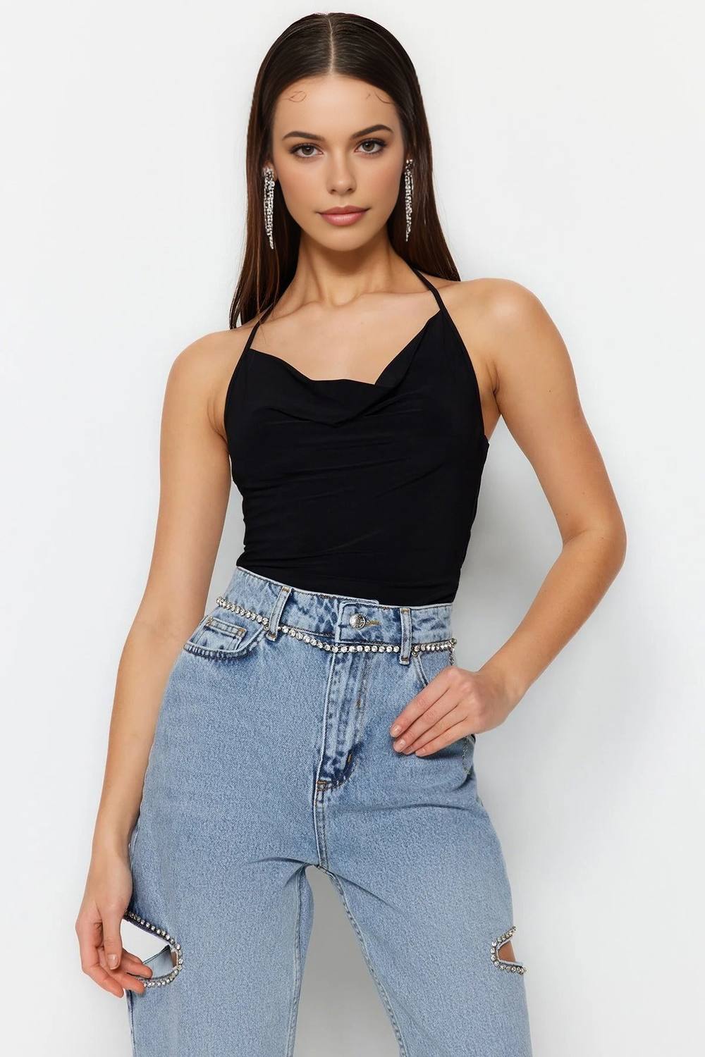 Wovcor Draped Halter Neck Slim Fit Stretch Bodysuit Top In Black