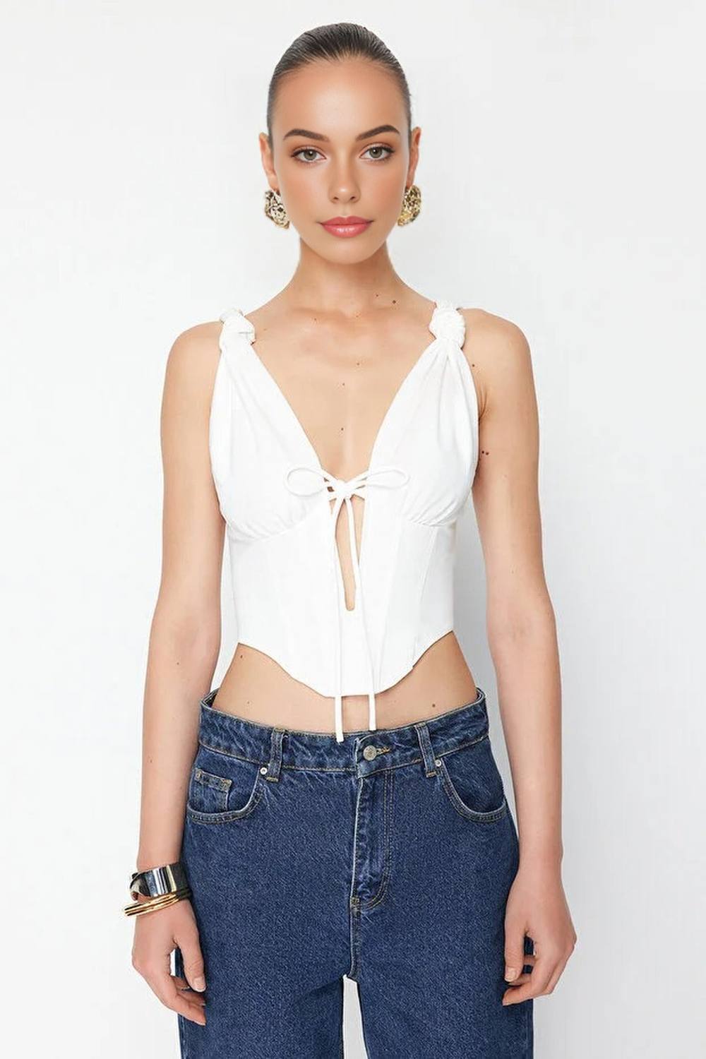 Wovcor Tie Front Corset Detail Strappy Bustier Crop Top In White