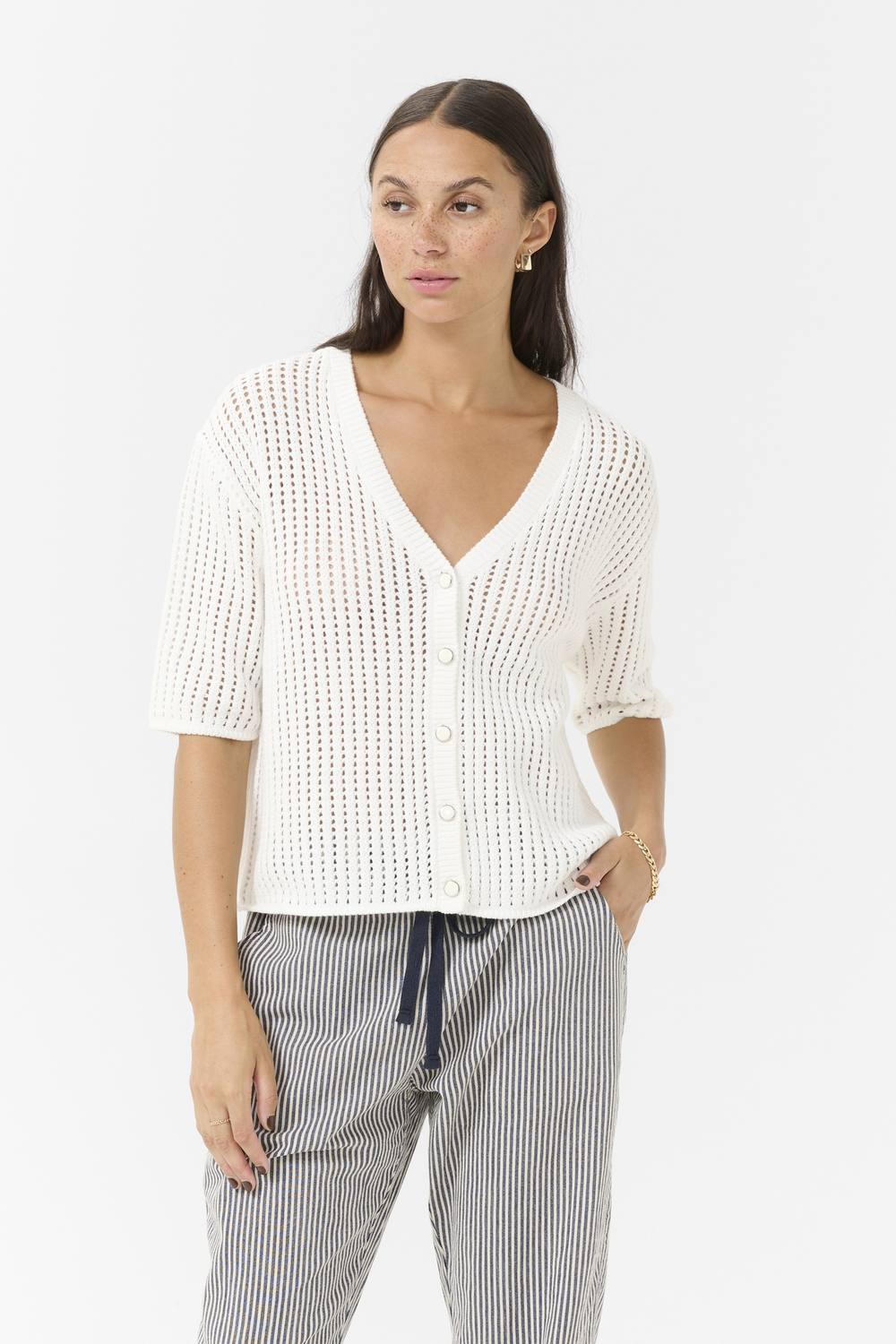 Kaffe Solar V-Neck Short Sleeve Cardigan In Off White